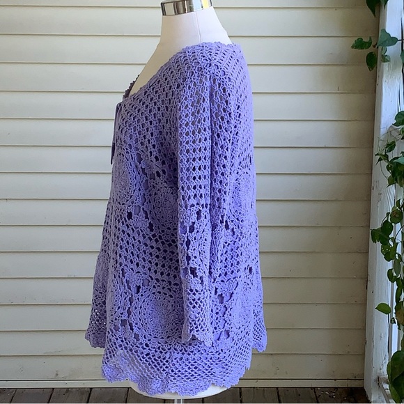 Crochet Open Knit Sweater Women’s L Lavender Purple Roamans Boho Beach Whimsy - Picture 4 of 6